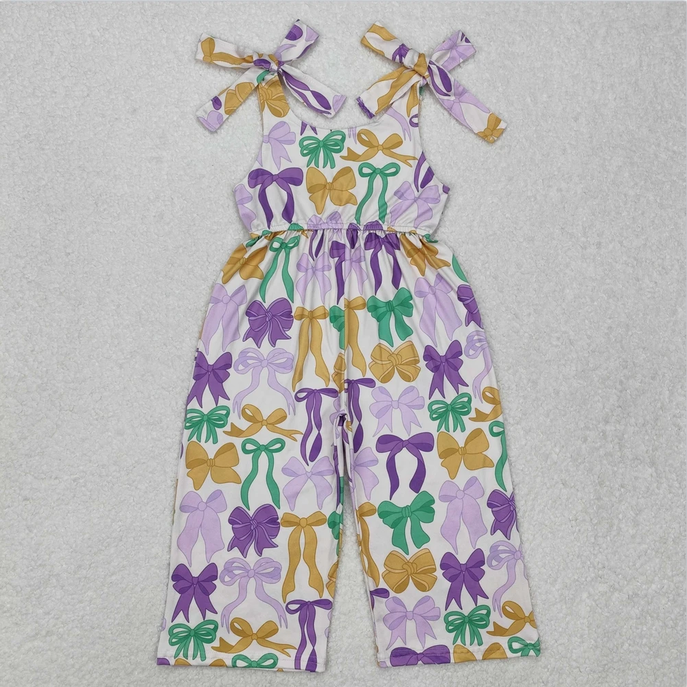 

Hot Sale Kids Designer Clothes Straps Purple Yellow Green Bows Mardi Gras Boutique Baby Girls Jumpsuits Clothing Onesie