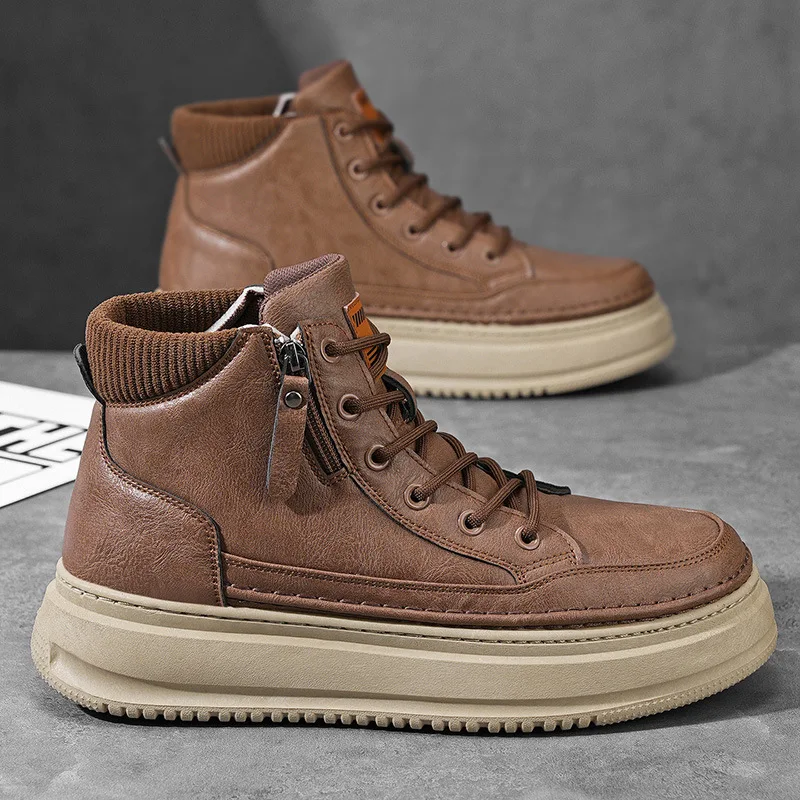 Men's shoes 2025 new outdoor hiking leisure boots men's autumn and winter shoes men's trendy shoes thick soled high top shoes