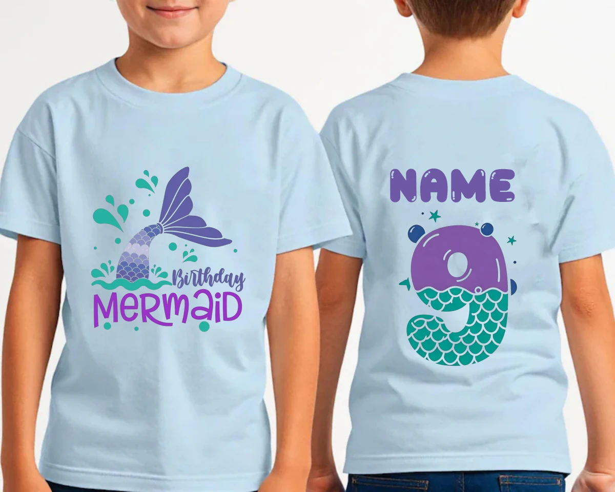 Personalized Mermaid Birthday Girl T-Shirt, Colorful Mermaid Tail Birthday Number ront and back Print Girls Party T-Shirt