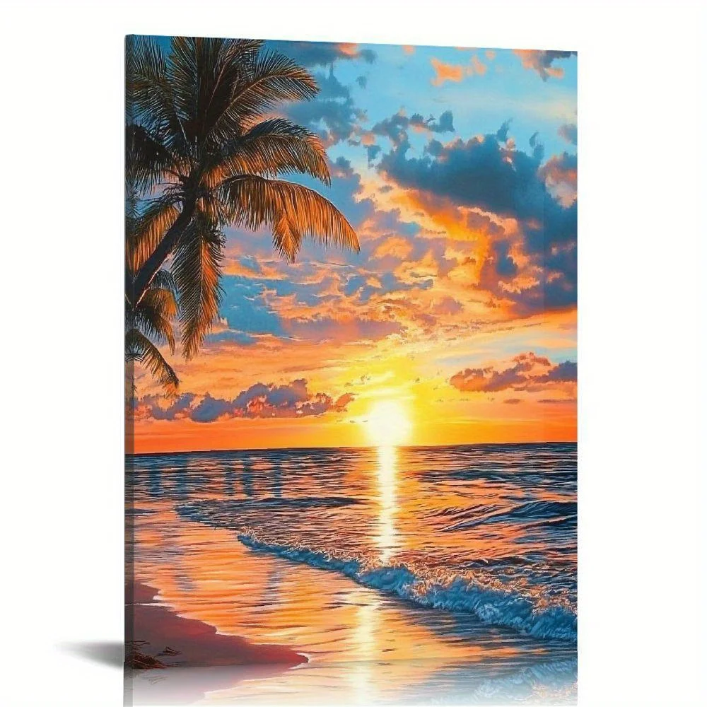 

Romantic Coastal Mural with Sunset Warm Afterglow on The Calm Sea Showing The Beauty of Dusk Seascape Decorative Canvas Painting