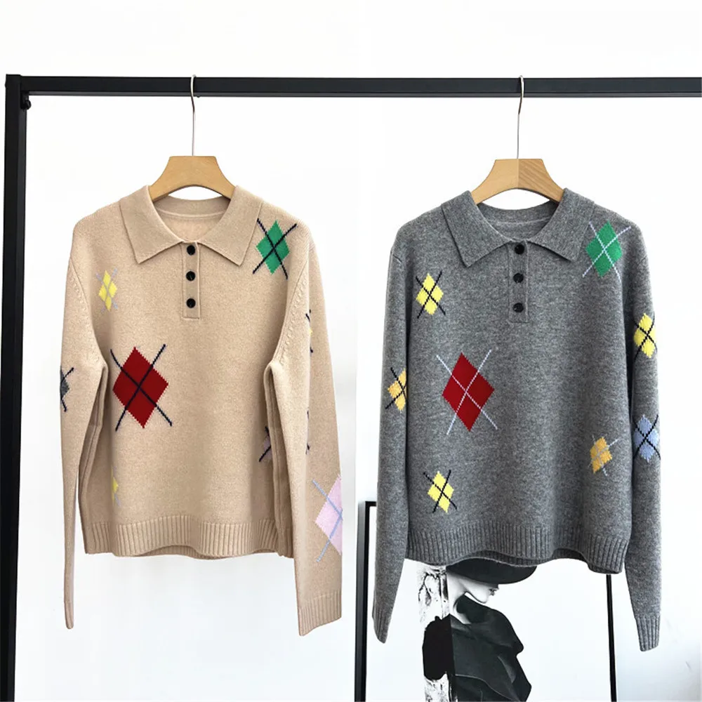 

25 Autumn/Winter New Women's Sweater Diamond Check Contrast Pullover Lapel Button Long Sleeve Cashmere Knitted Top