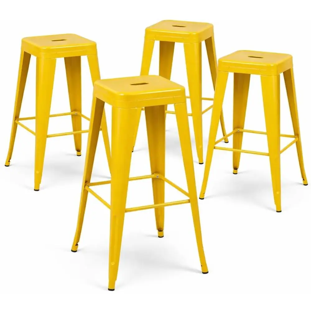 Yellow Metal Bar Stools Set of 4, 30 Bar Height, Stackable Outdoor Patio Stools, Portable One-Piece Steel Chairs for Party & Sun