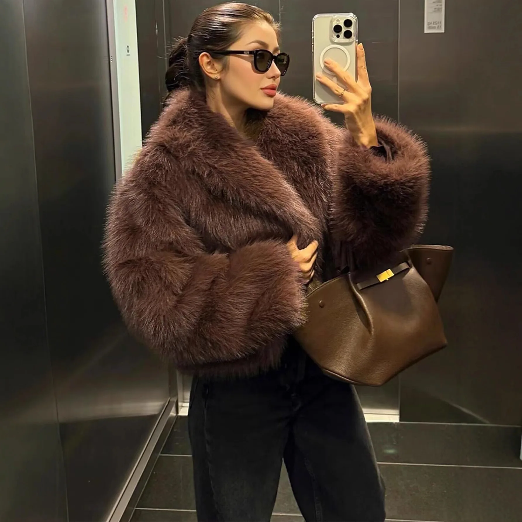 Or casaco de pele quente Plu Jaet Faionable Fem Outerwear Inverno Thiened Calor Casaco de pele sintética eepskin