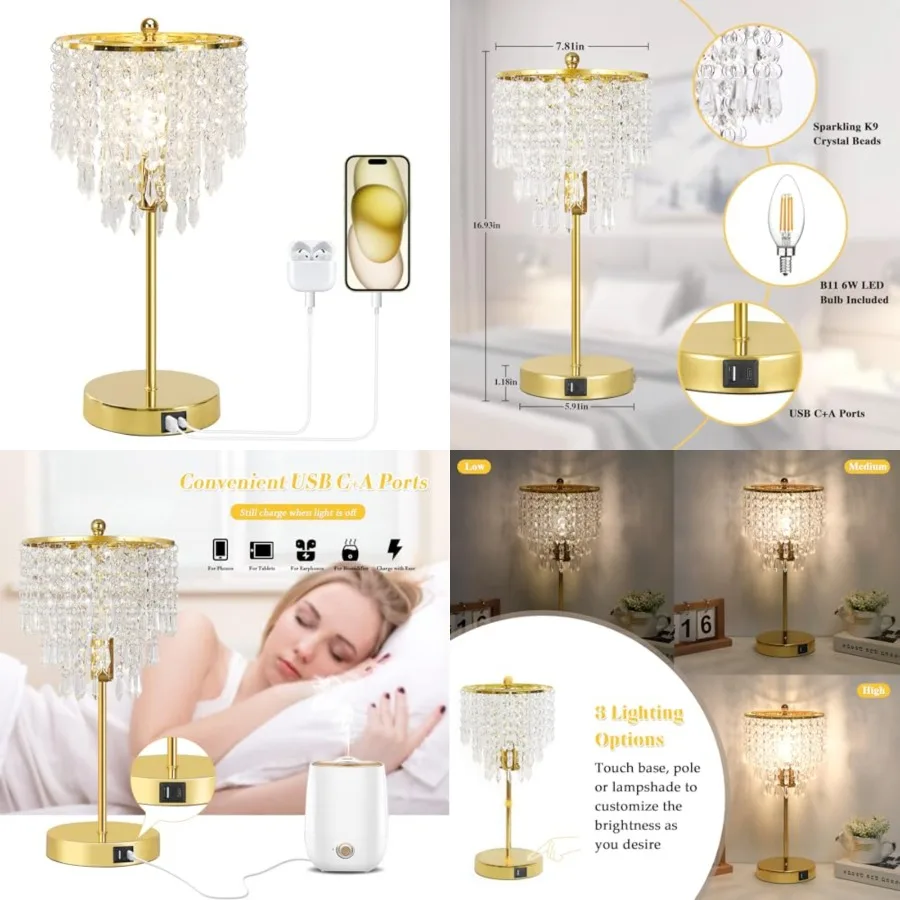 

Touch Control Crystal Table Lamp with USB C+A Ports, 3-Way Dimmable Lamp, Bedside Light with Crystal Shade, Girls Lamp for Bedr