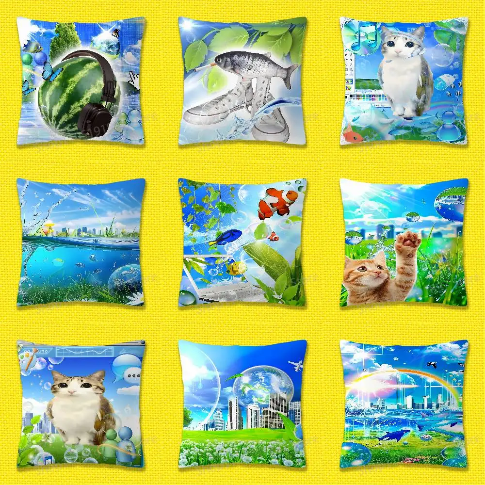 

F-Frutiger Aero Fish Cat Throw Pillow Case For 55x55cm 30x30cm 50x50cm 45x45cm 40x40cm Square Chair Pillowcase Case