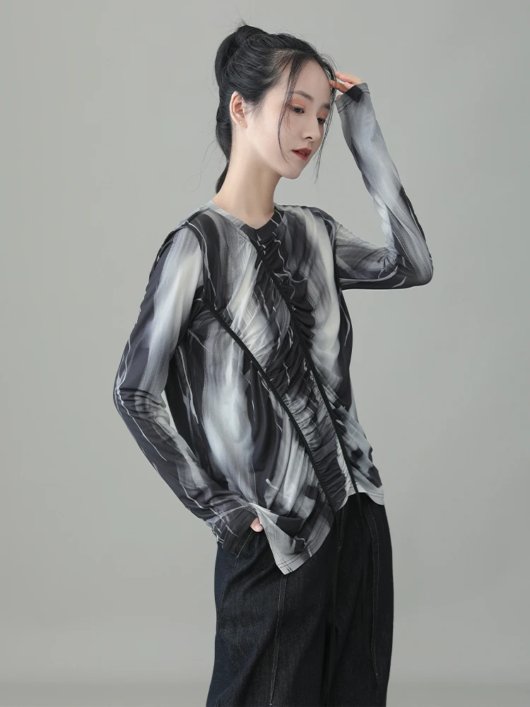 

Original Design Long Sve Women's T-irt Casual Print High-End Feeling Spring Summer Versatile Loose Fit Polyester Blend