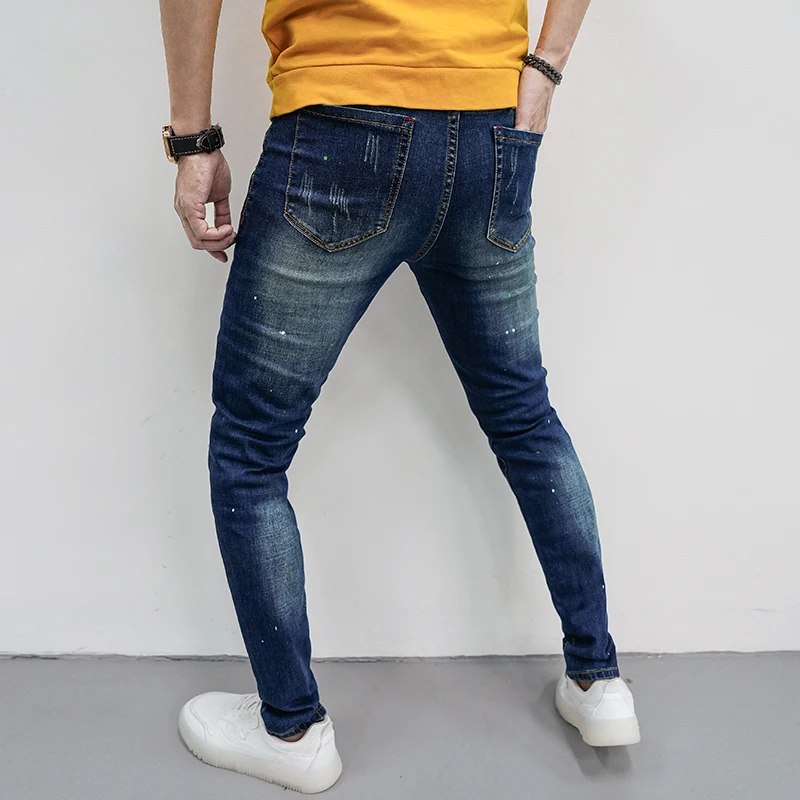 Jeans de patch na moda rasgado masculino, high-end, slim fit, marca de moda retrô de rua, calça apertadinha, Pu Shuai skinny