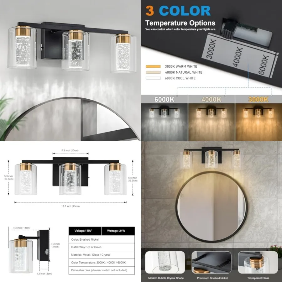 Black and Vanity Light with 3 Color Modes 3000K/4000K/6000K,Eye Protection LED Bathroom Light Fixture, Dimmable Modern Wall Lig