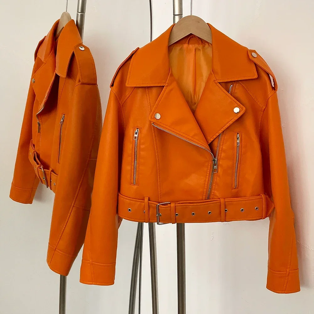 

Leather Coat Eco-friendly Female Autumn Faux Leather Jacket Short Top Clothing Long Sleeve Spring New PU Jacket Women Pockets