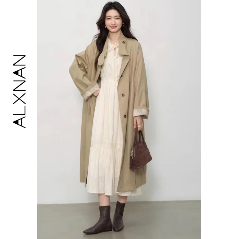 ALXNAN 카키 트렌치 가을 겨울 오버사이즈 싱글 브레스티드 패치워크 미드 길이 코트 방풍 공식 출퇴근용 트렌치 L57538