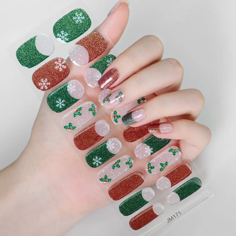 20 puntas de pegatinas de uñas de Gel de Navidad, adhesivo de larga duración, cobertura completa, envolturas de uñas de Gel semicuradas, endurecido en la necesidad de lámpara UV