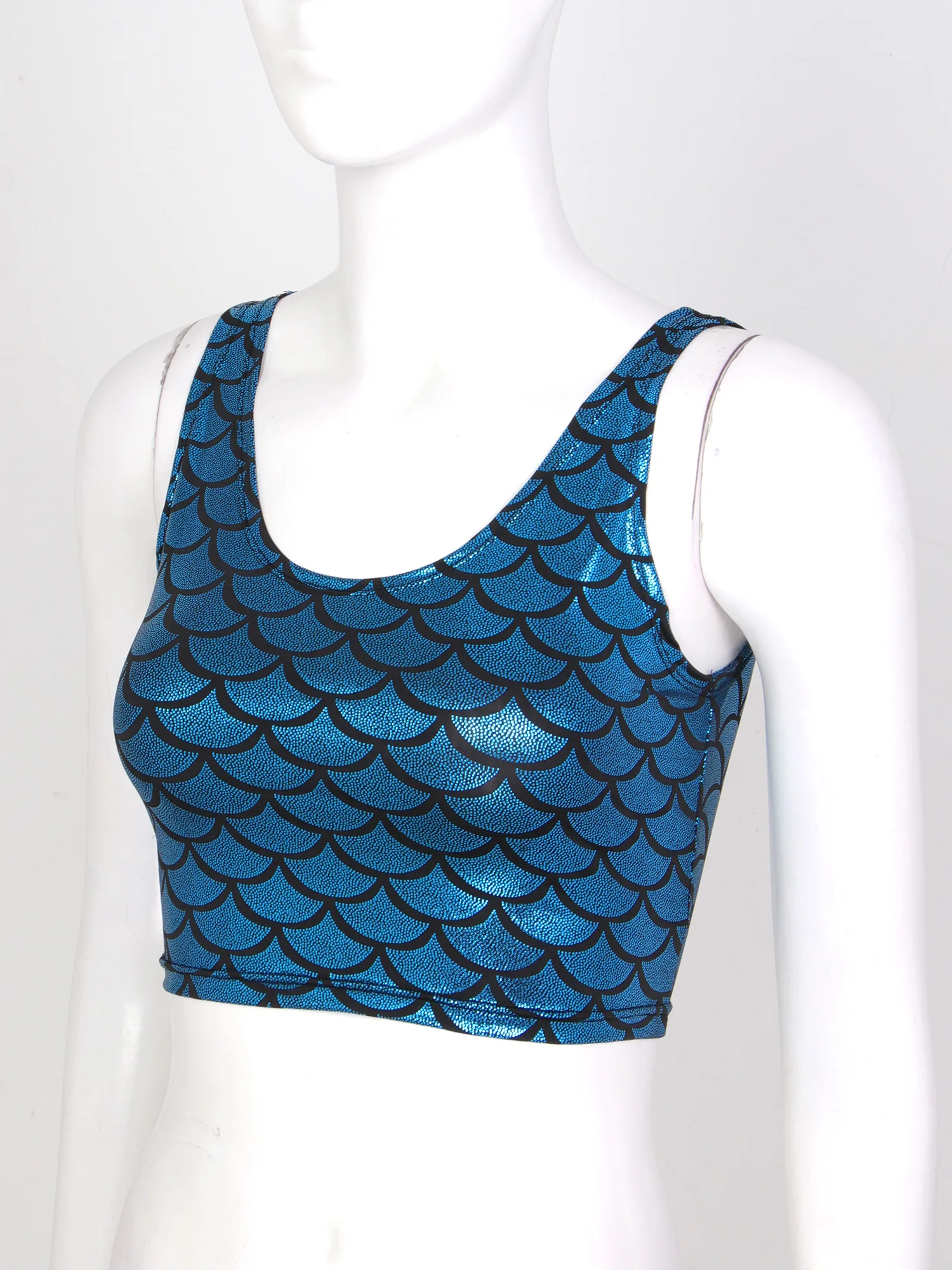 قمم معدنية المرأة لامعة مقياس السمك طباعة اقتصاص تانك القمم القطب ملابس رقص مهرجان الهذيان كلوبوير اليوغا سترة دون أكمام