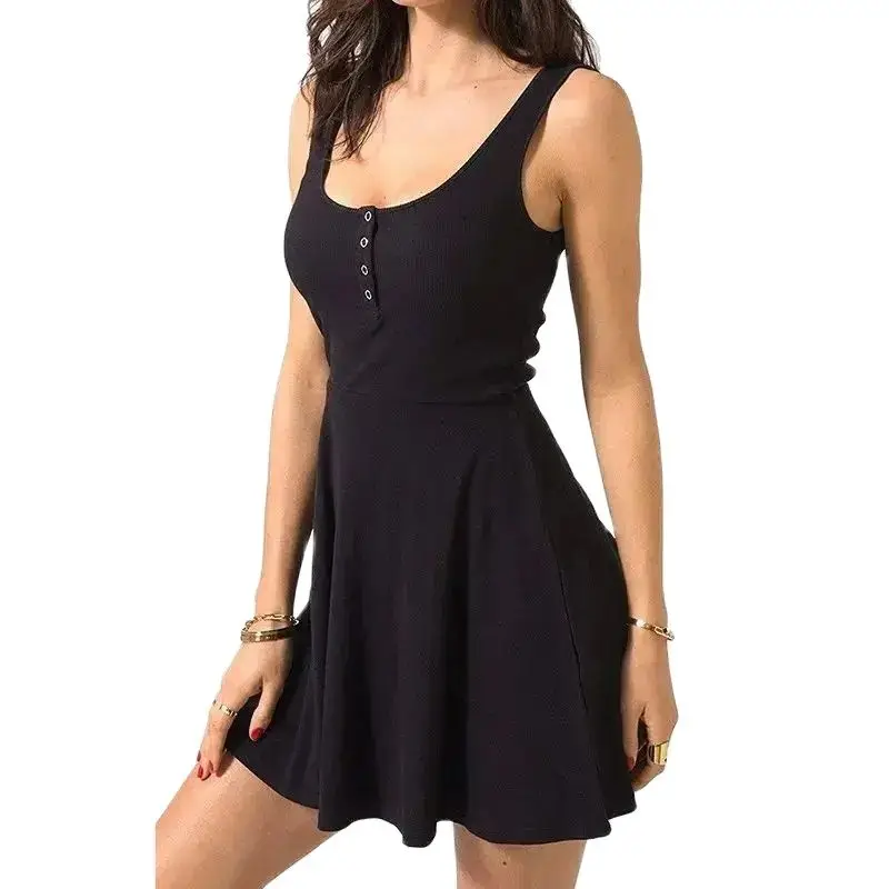 Women\'s Sexy Black Solid Summer Dress with Strap Tight Tank Top Dress High Waist Slim Fit Solid Color Flare Casual Dress