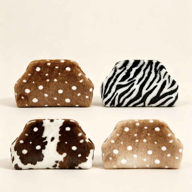 Winter Plush Tweed Lock Frame Clutch Bag,Women Retro Plaid Cloud Evening Bag,Soft Fluffy Leopard Deer Texure Zebra Stripes Purse