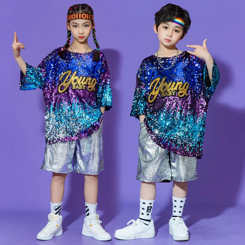 Kids Blue Hip Hop Dance Outfit Boys Dancing Loose Handsome Costumes Girls Stage Performance Catwalk Jazz Dance Show Clothes