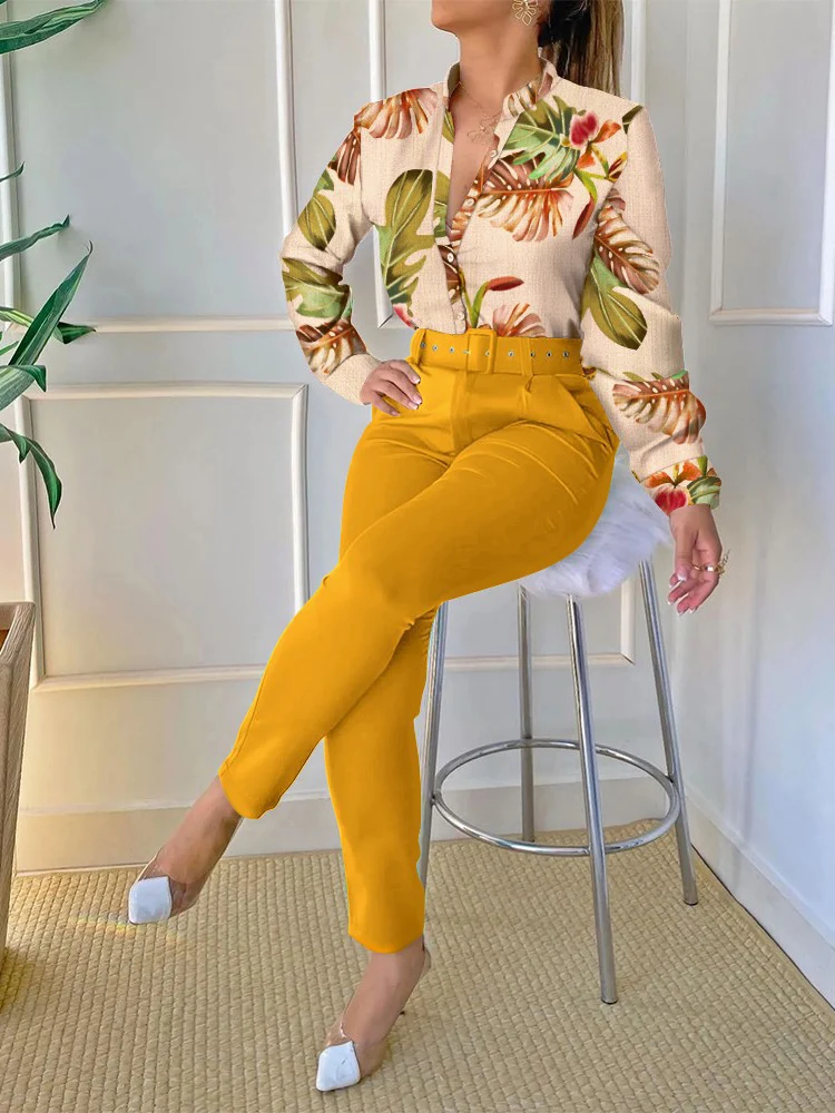 2-piece set fashion printed Women long sleeve shirt top with belt solid pants 2023 Spring Autumn New Women's Clothing