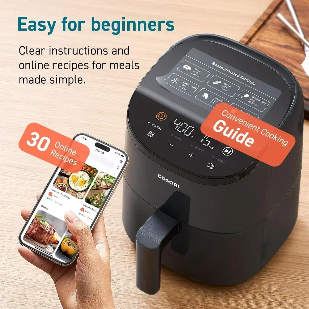 Small 4-in-1 AirFryer Perfect for Simple Meals, Snacks and Easy to Reheat Leftover to Crispy,97% Less Oil, 30 In-App Recipes