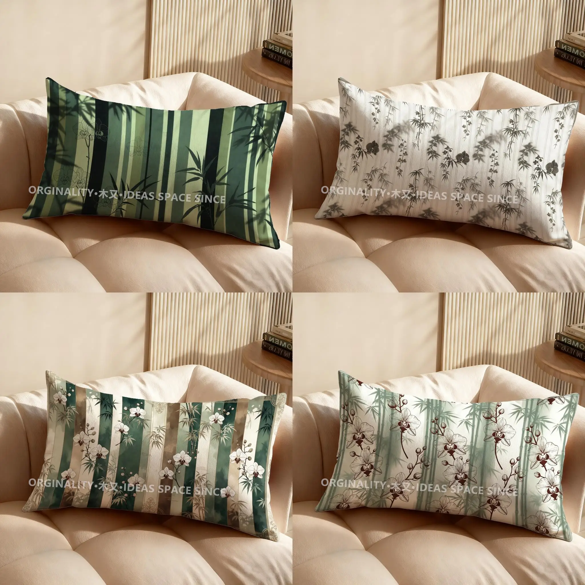 2D Bamboo & Orchid Patterned Pillowcase Suitable For Sofa Bedroom Car Pillow Cover Cushion Rectangular Back Cushion