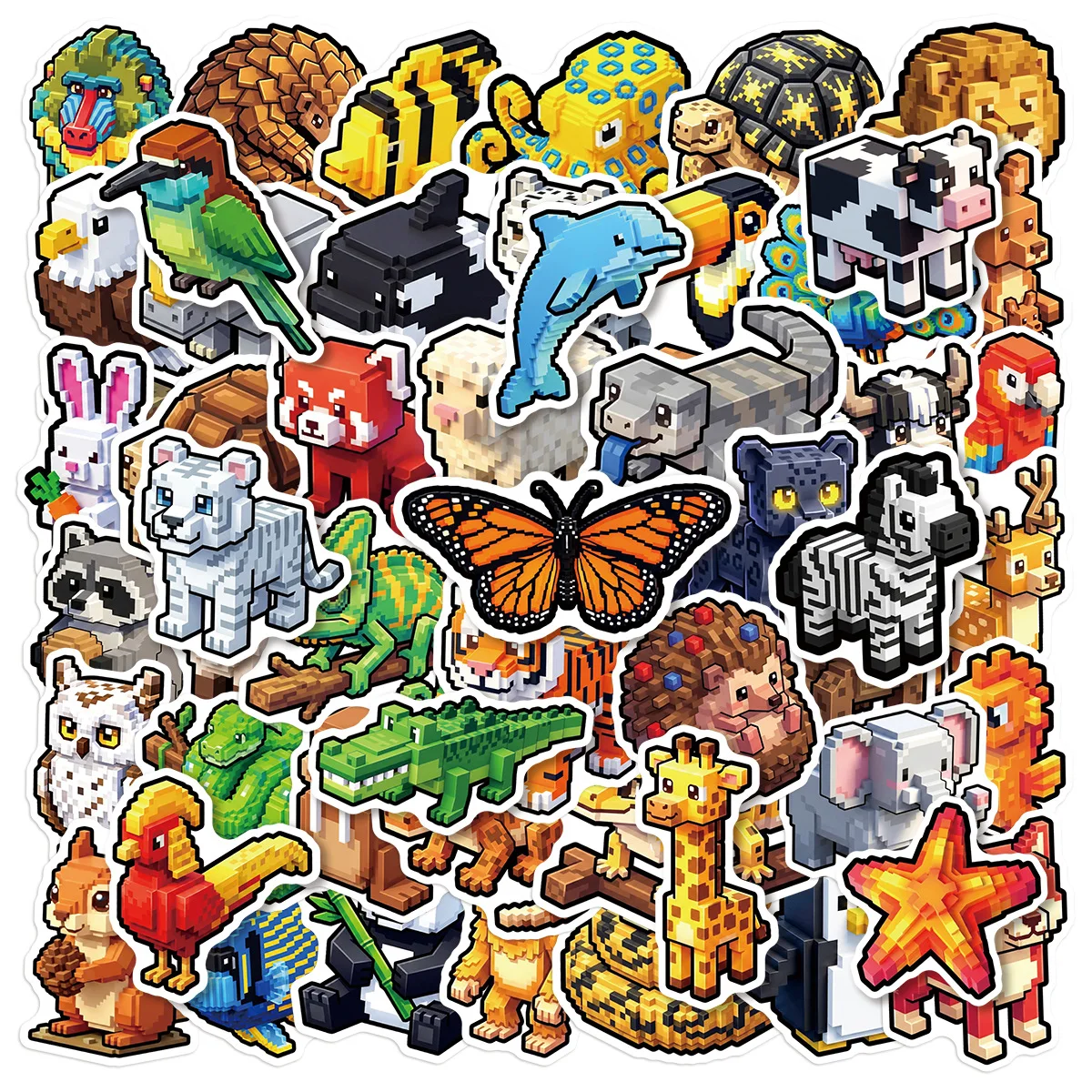 50-Pack Pixel Animal World Stickers Cute Block Animal Waterproof PVC Decals for Journal Stationery Laptop Skateboard Phone Decor