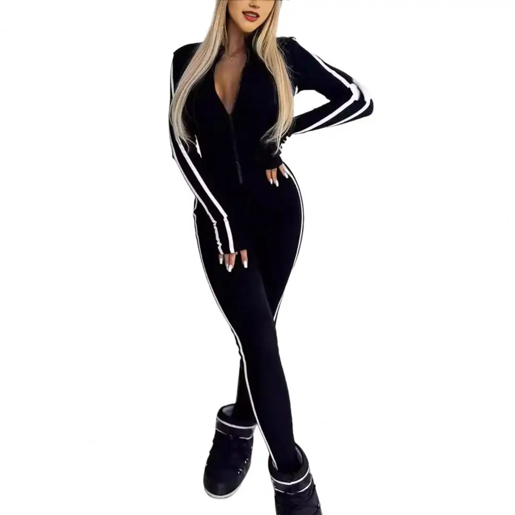 Long Sleeves Jumpsuit Striped Zipper Closure Women's Sport Jumpsuit for Gym Fitness Outfit with Skinny Compression Elastic Mid