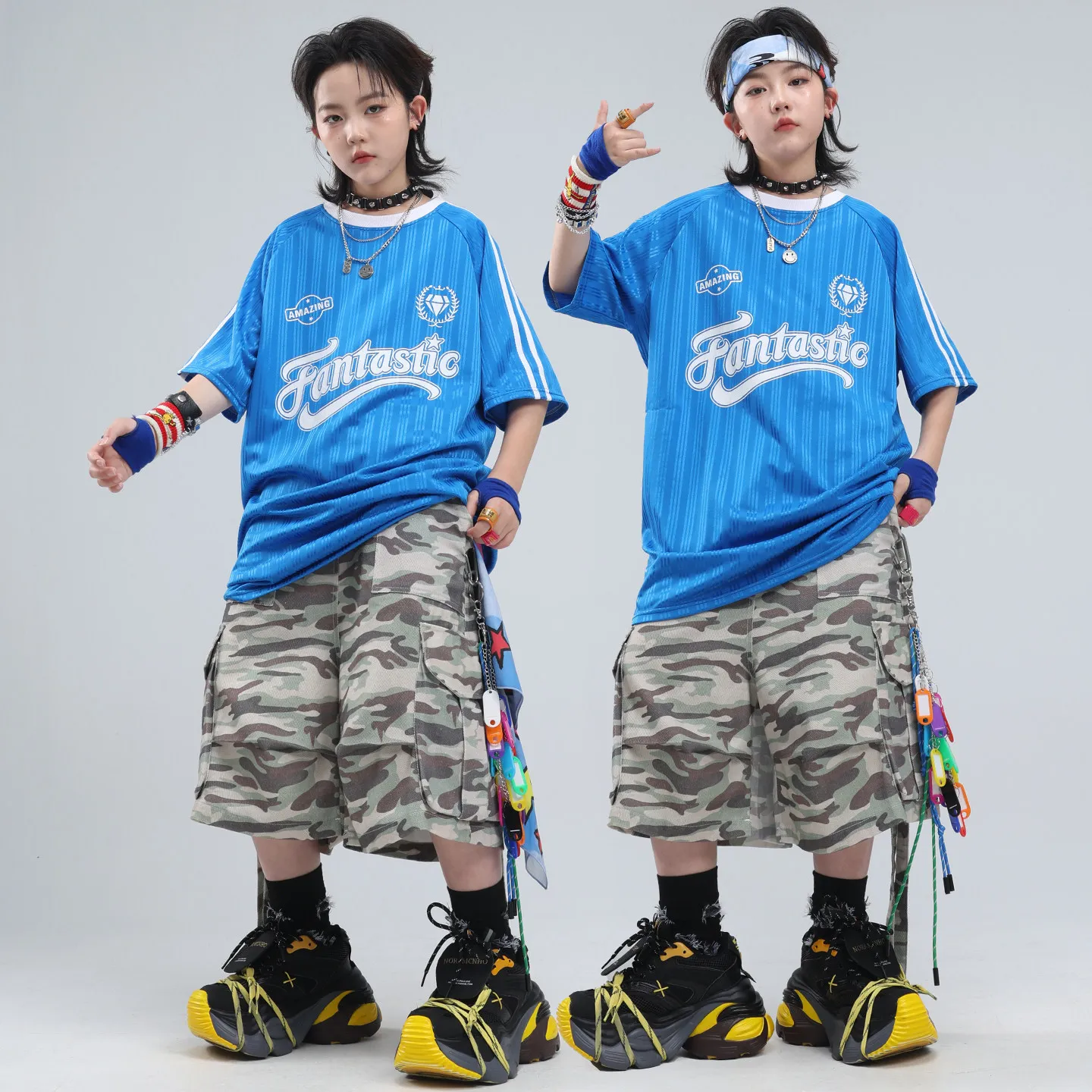 Fashion Hiphop Dance Set Blue Striped Tee Camouflage Pants Cool Streetwear Outfit Teen Hip Hop Competition Stage Show Costume