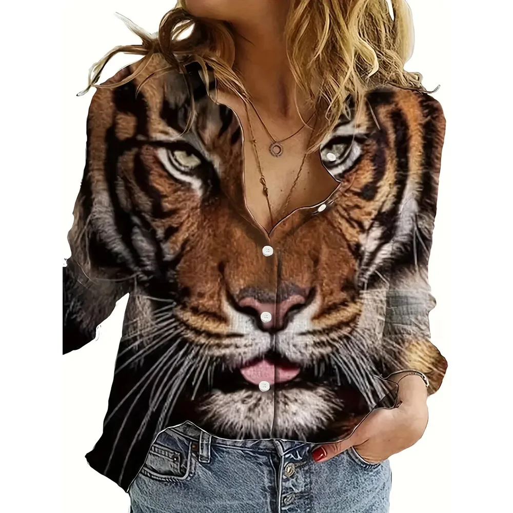 Women's Shirts 3d Tiger Printed Long Sleeve T-Shirt New Spring And Autumn Single-Breasted Basic Top Office For Lady Plus Size