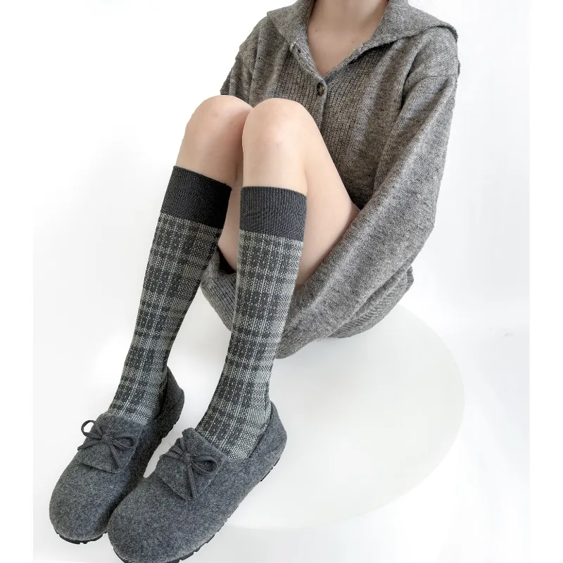 

1 пара мягких хлопковых вязаных носков до середины икры в клетку, нескользящие зимние носки с двойными ребрами INS, повседневные серые носки в корейском стиле