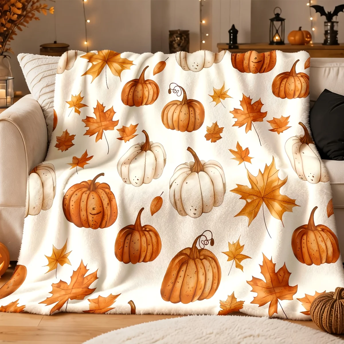 1pc Autumn Harvest Pumpkin and Leaves Print Blanket - Soft Plush Flannel, Lightweight and Durable, White and Orange Pumpkins wit