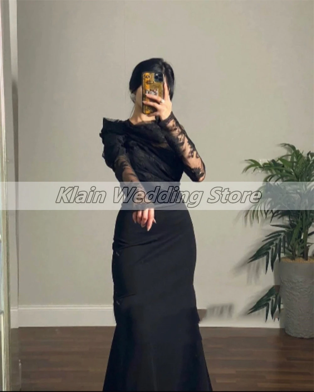 Vestido de fiesta negro con temperamento personalizado, vestido de sirena Sexy de encaje de manga larga, vestidos de noche plisados para mujer