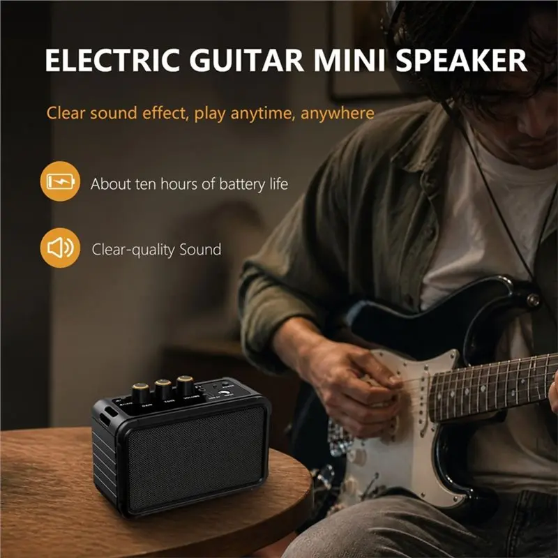 N91R-10W Mini Electric Guitar Amplifier Dual Speakers Rechargeable Guitar Amp With Overdrive For Practice Travel Black
