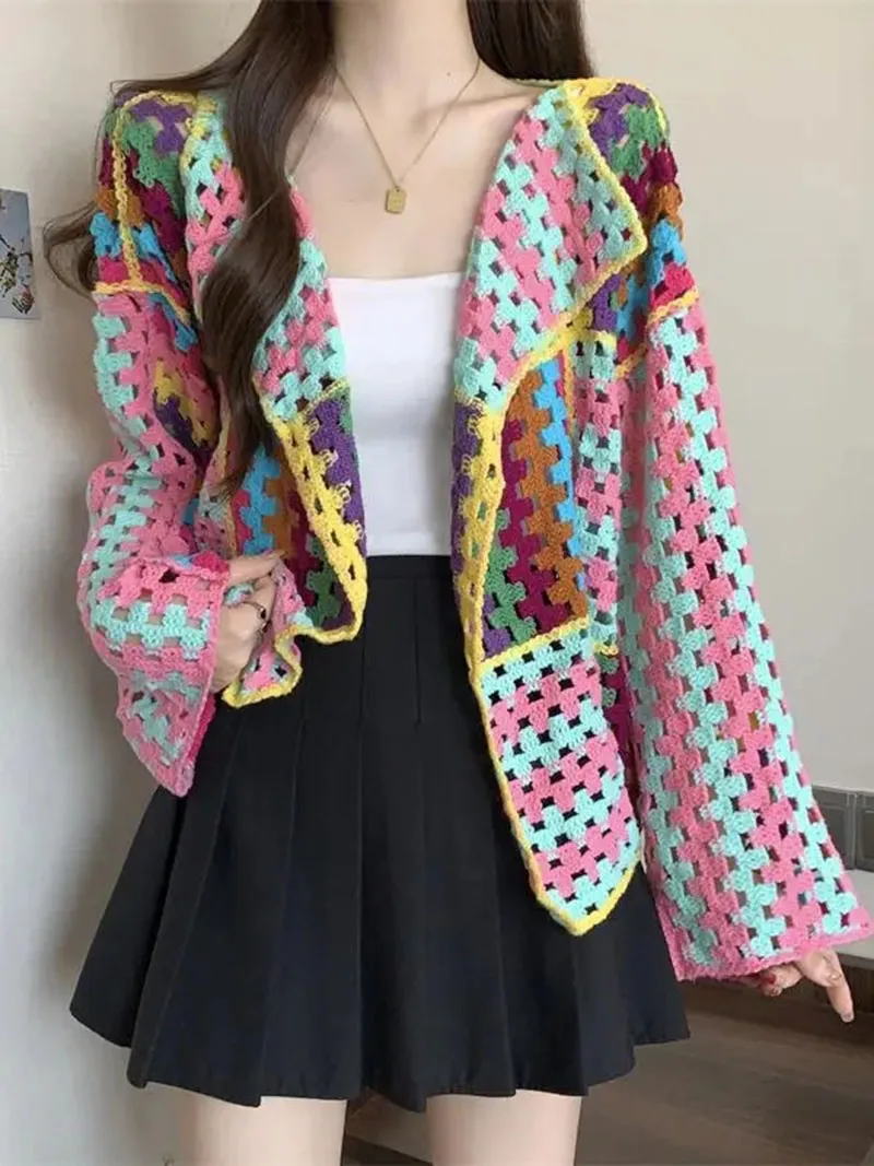 Bohemian Knitting Long Cardigans 2026 Spring Fashion Vintage Hollow Out Streetwear Summer Loose Multicolor Overcoat
