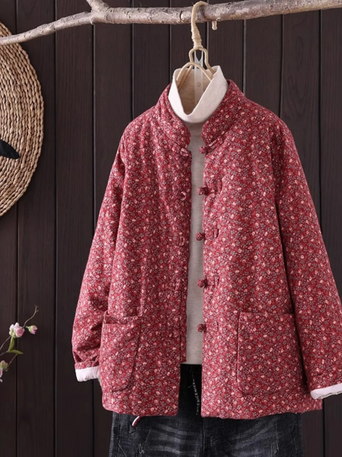 

Новое китайское хлопковое джато с цветочным принтом, женское зимнее пальто на пуговицах спереди, традиционный принт, длинный воротник-стойка све