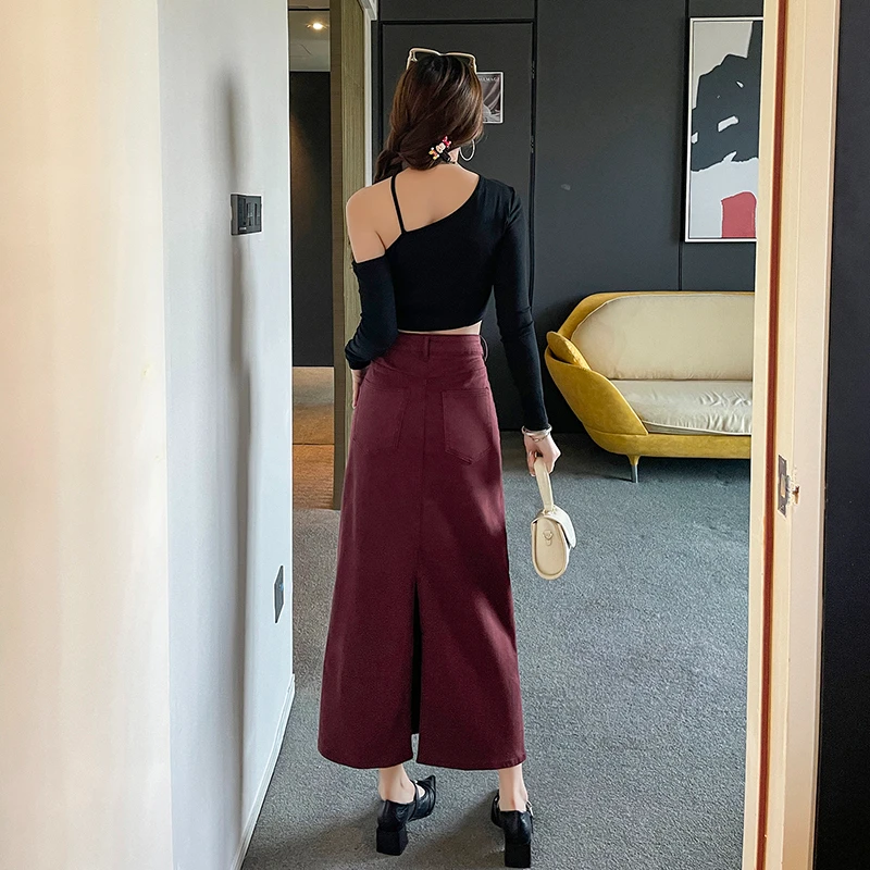 Fashion Red Denim Skirt Women Autumn New Style High Waist Slim All-match A-line Midi Skirt with Split