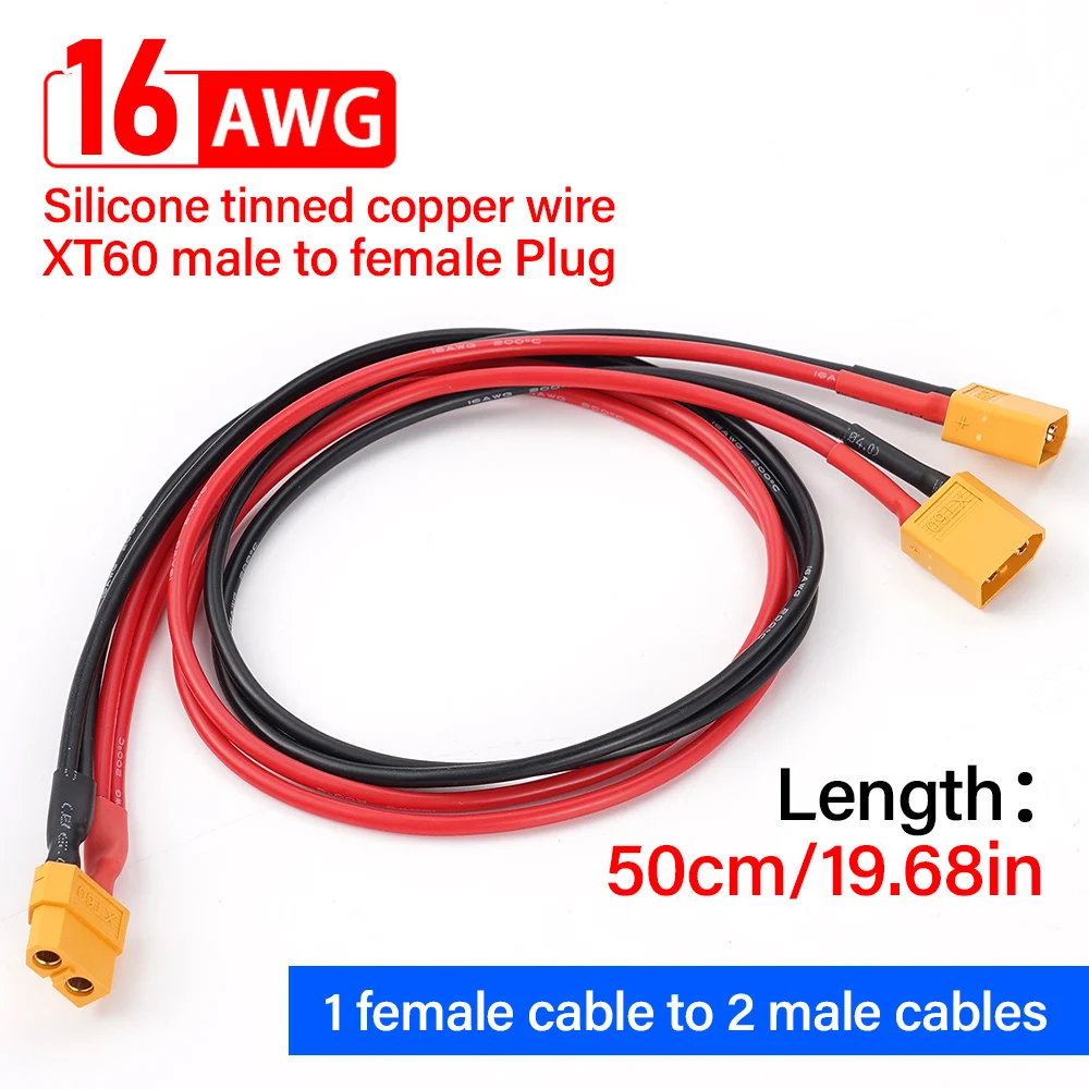 50Cm 16AWG Silica Gel Tinned Copper Xt60 Female Plug Connection Cable Cable Double Extension Y-Separator 3-Way For Solar Panels