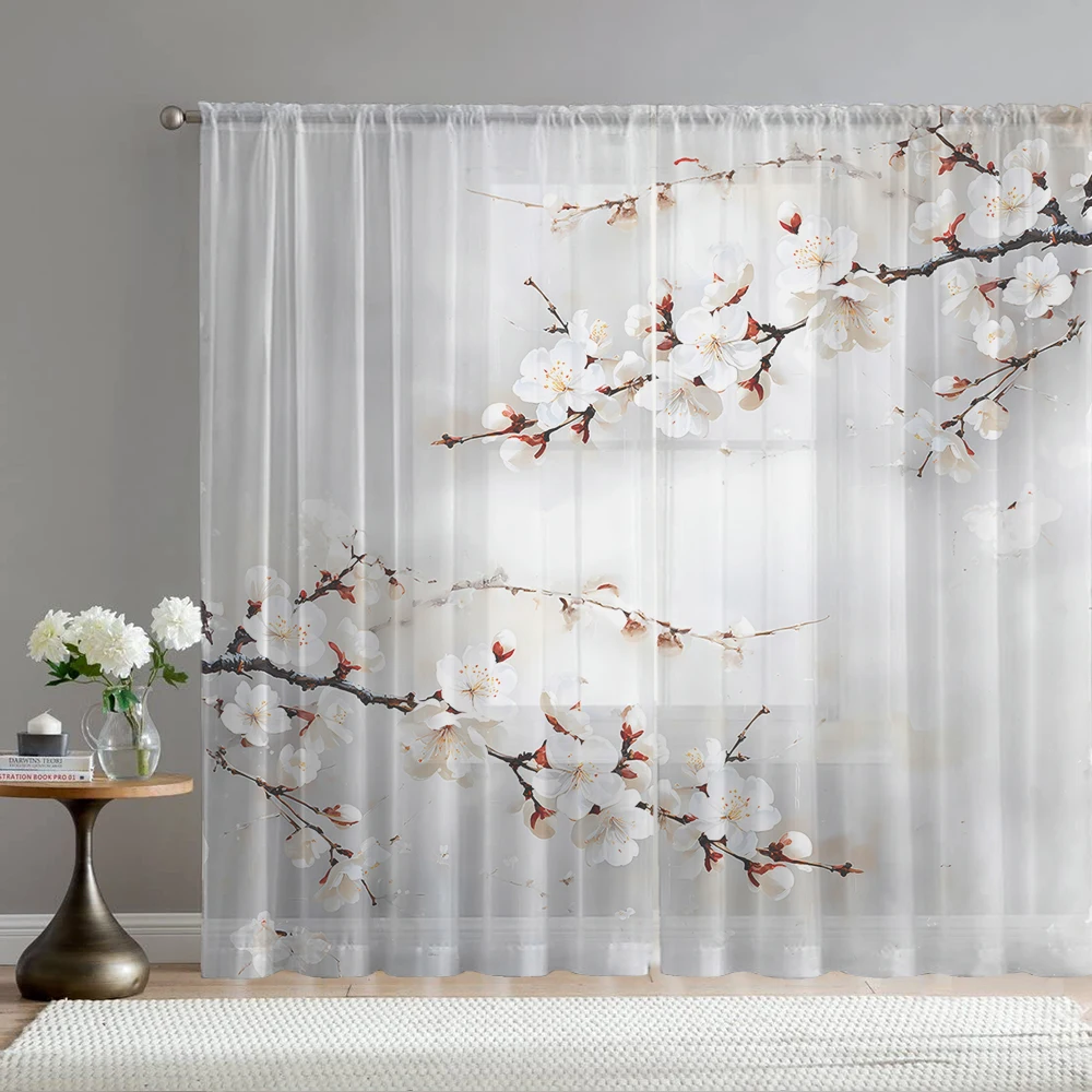 2PCS Home decoration printed window screens, white pear blossoms, with pole bags, suitable for kitchens, cafes, and living rooms
