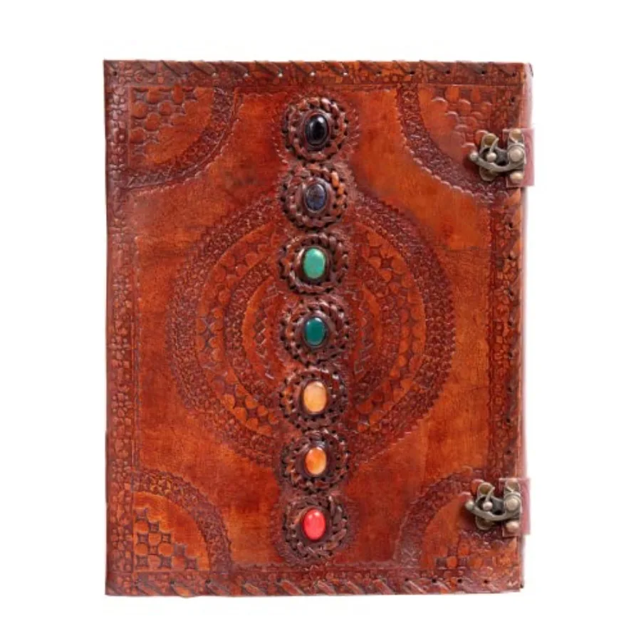 

Leather Unlined Bound Journal 13 x 10 inches Large Rustic Diary Seven Chakra Medieval 7-Stone Embossed Handmade Sketchbook Vint