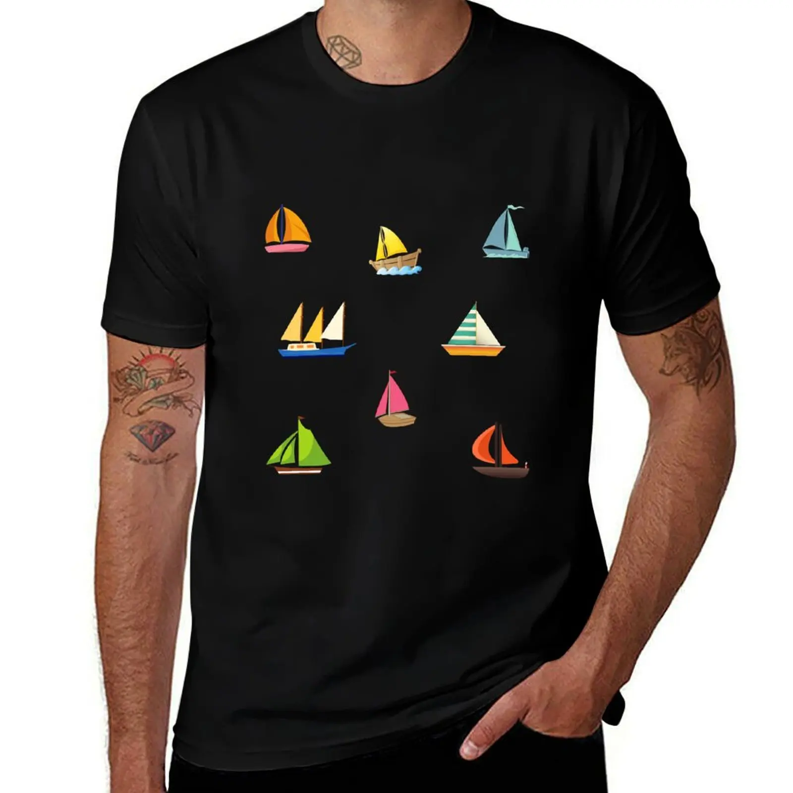 Mixed Sea and Ocean Boats Pattern, Sail Boats Collage T-Shirt Luxury man kawaii clothes oversizeds mens t shirts top quality