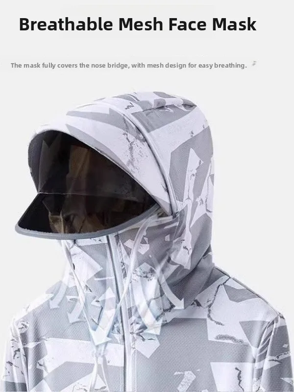 Men's Camouflage Ice Silk Sun Protection Clothing Thin Breathable Summer Fishing Clothes with Large Brim Hat UV Protection