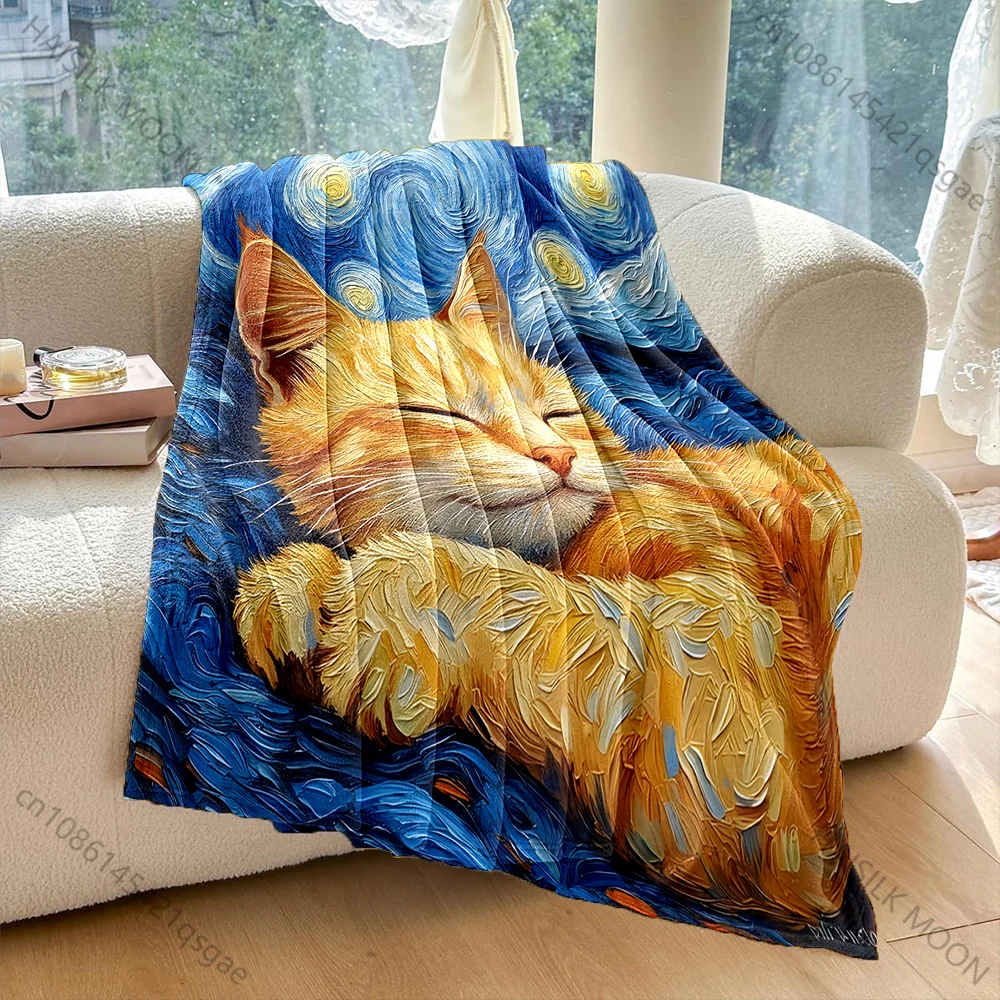 Multi-size Starry Night Cat Pattern Blanket Flannel Material Soft Warm for All Seasons, Home Outdoor Camping Picnics RV Gifts