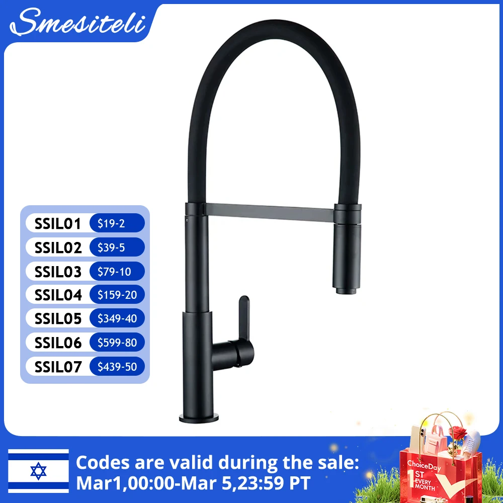 Smesiteli Kitchen Faucets Round Matte Black Brass Single Handle Single Hole 360 Degree Swivel Mixer Sink Tap Pull Out Down Taps