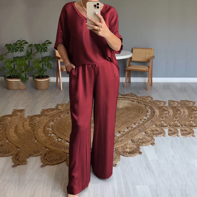 Women Casual Solid Silk Satin Outfit New Spring V Neck Loose Top Pullover+Wide-leg Pants Suit Summer Short Sleeve Loose 2pcs Set