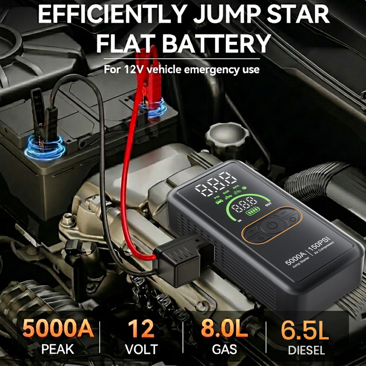 5000A Peak Jump Starter 12V with 150PSI Air Pump, 7-in-1 Car Emergency Power Pack with LED Light Fit 9.0L Gas / 6.5L Diesel Car