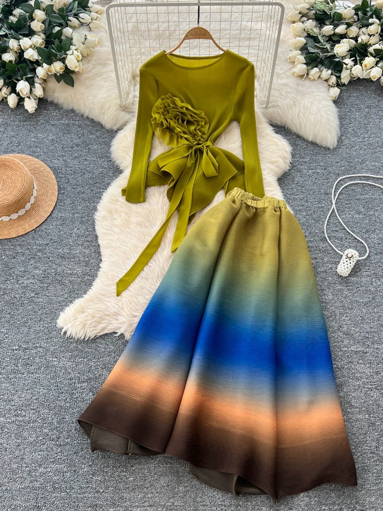 

Ele Long Sve 3D Floral Sa женский зимний модный комплект с высокой талией, юбка-миди, цветной повседневный рабочий ансамбль