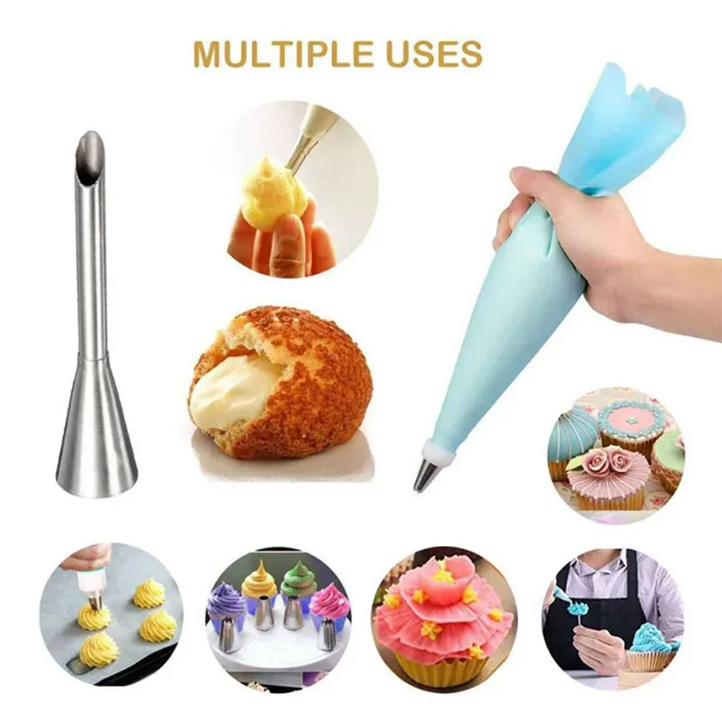 1-4pcs Cream Icing Piping Nozzles Stainless Steel Eclair Puff Nozzles Cupcake Filling Tubes Pastry Injector Syringe Piping Tips