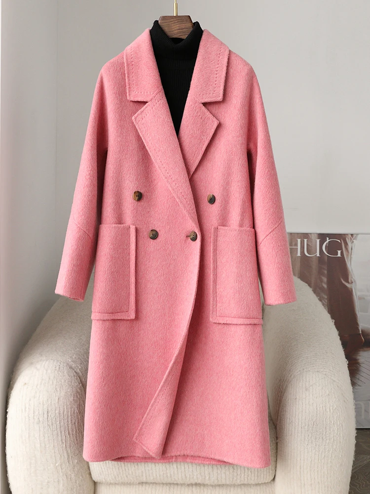 2024 Winter New Pink Double sided Wool Coat Women's Medium to Long Loose Korean Edition Casual Double breasted Woolen Coat