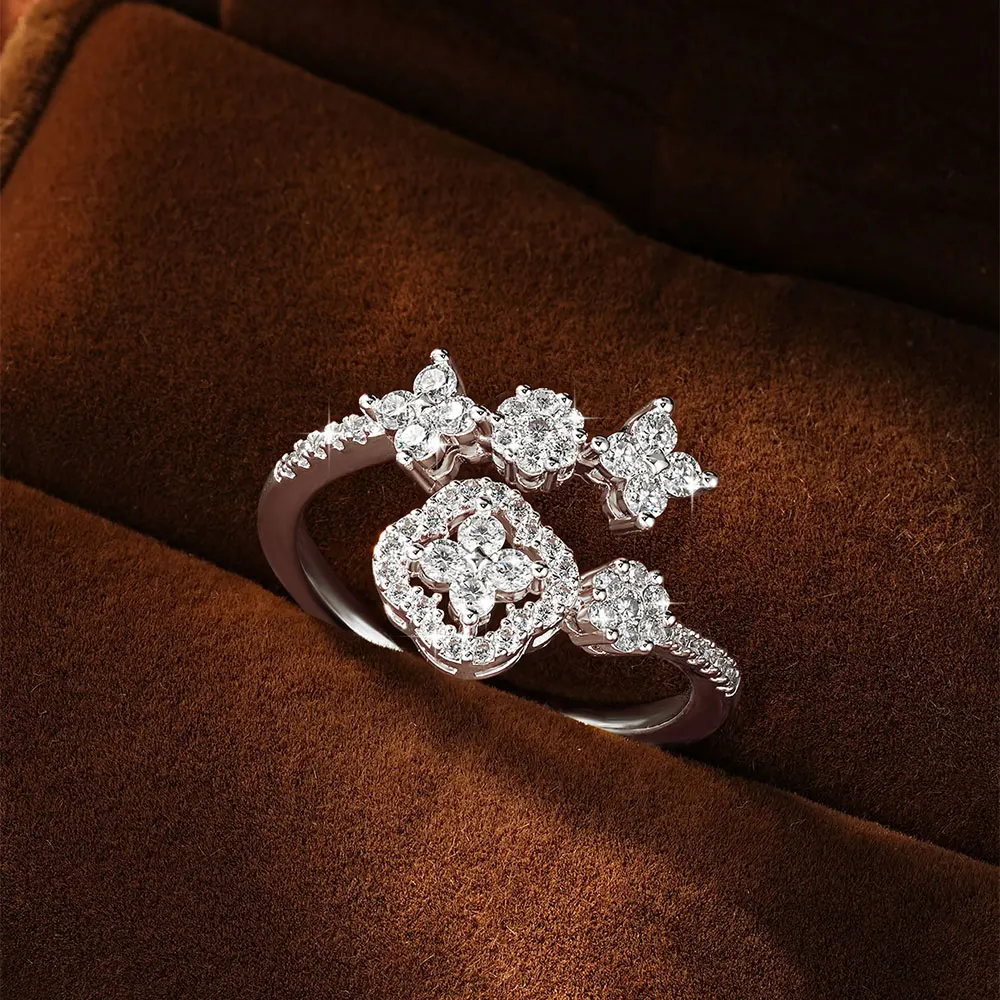 Lnkry 14 Karat Gold gefüllter verstellbarer Ring für Damen, exquisiter zertifizierter runder Moissanit-Ring mit vier Blättern, Blumenring, Schmuck, Geschenk – Detail 14