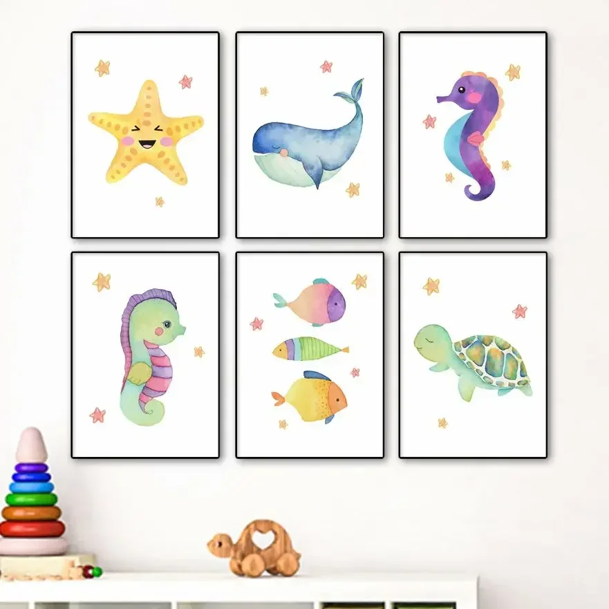 Pósteres nórdicos para decoración de guardería, lienzo de arte de pared de amigos del océano submarino, estrella de mar, ballena, caballito de mar, Tortuga para niños, impresiones para habitación de bebé