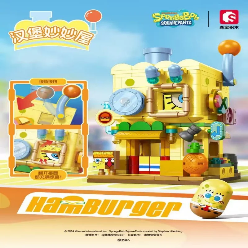 SpongeBob SquarePants Toys Building Blocks City Streetview Hamburger House Ice Cream Shop Art Gallery DIY Model Bricks Kids Gift