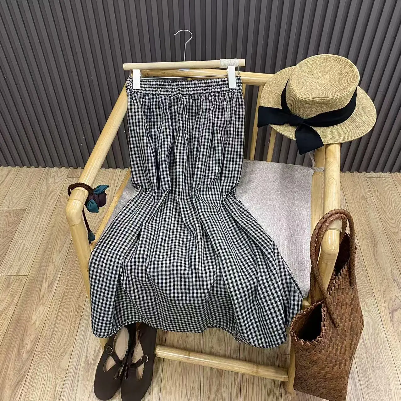 Jupe mi-longue rétro à carreaux en pur coton, taille haute, ample, polyvalente, amincissante, ligne a, pour femmes, pour les déplacements quotidiens