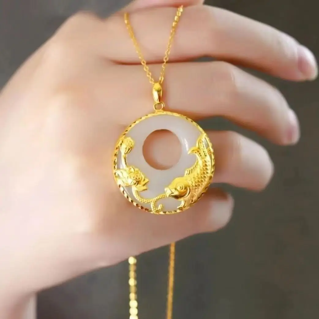 

Lucky Koi Fish Pendant Necklace for Women Chinese Style Lotus Flower Adjustable Choker Love Anniversary Gift for Her